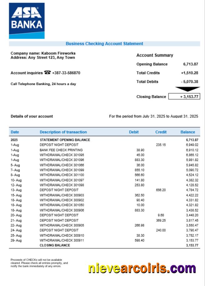ASA Banka company checking account statement